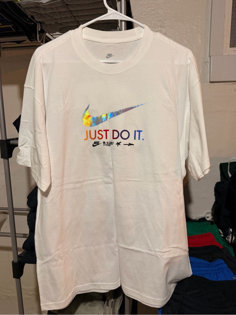 Nike White Short Sleeve T-Shirt with Iridescent Holographic Swoosh